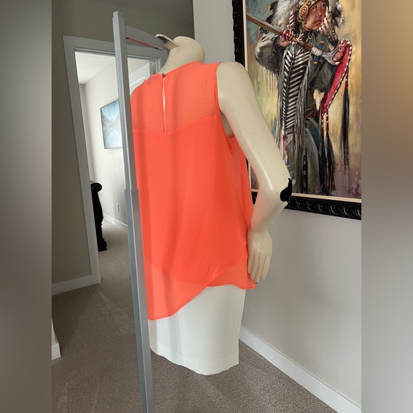 Vince Camuto Neon Orange Sheer Blouse | Asymmetrical Hem | Layered Front - Picture 4 of 9
